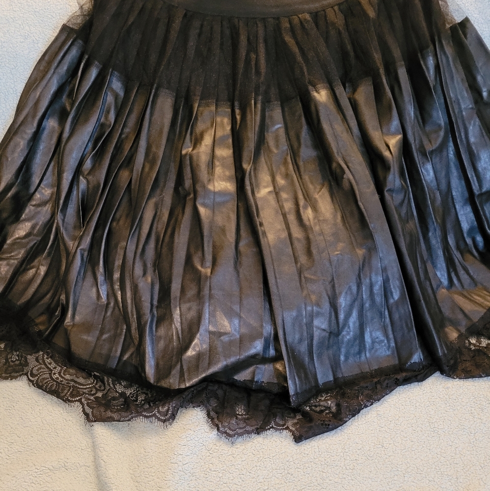 Black Tulle Faux Leather Lace Trim Skirt